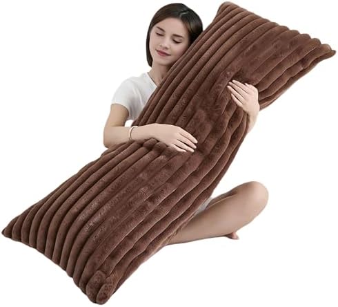 Full Body Pillow with Fluffy Stripe Faux Fur Removable Cover, Long Bed Pillow Adult 20x54 Inches for Side Sleeper and Pregnancy, Coffee. by Memfydu