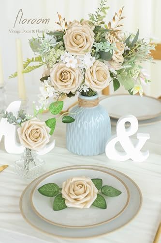Floroom Artificial Flowers 25pcs Real Looking Champagne Gold Foam Fake Roses with Stems for DIY Wedding Bouquets Bridal Shower Centerpieces Floral Arrangements Party Tables Home Decorations - Image 2
