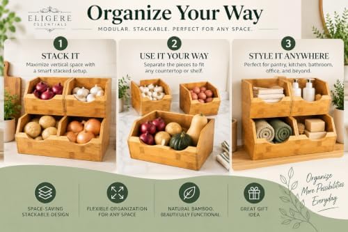 3 Piece Stackable Bamboo Pantry Storage Bins, Potato and Onion Storage, Fruit & Vegetable Container Baskets for Kitchen Countertop, Easy Front Access, Multipurpose organization - Image 2