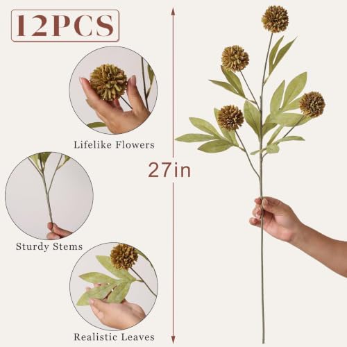 12 Pcs 27"Artificial Fall Pompon Mum Flower Stems for Vase (Autumn Orange) - Image 6