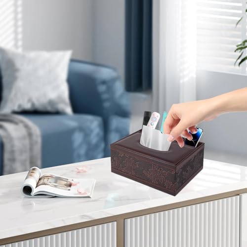Tissue Box Cover Rectangle Retro Tissue Box Holder PU Leather Facial Tissues Organizer,Multifunctional Remote Control Stationery Storage Box,Home Office Supplies Car Napkin Caddy - Image 3