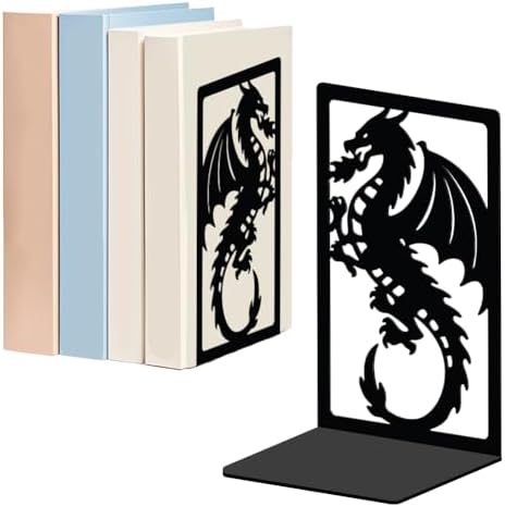 WADORN Creative Dragon Metal Bookends for Shelves Decorative 1 Pair, Heavy Duty Books End Support Non-Skid Book Holder Black L-Shaped Book Stopper for Home Office Desk Book Divider, 4.7x3.5x7 Inch by WADORN