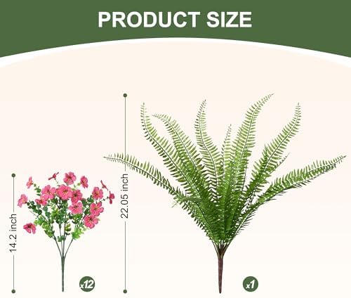 HyeFlora Artificial Faux Outdoor Flowers Plants for Spring Summer Decoration, 14 Bundles Fake Silk Colorful Daisy Ferns UV Resistant Realistic for Home Porch Patio Yard Window Box (Hot Pink) - Image 3