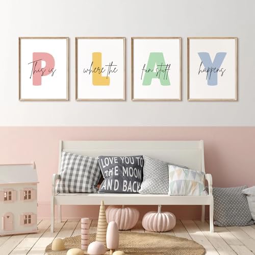 Baccone Kids Playroom Wall Art Decor Play Room Poster Baby Boy Kids Nursery Canvas Wall Decor Toddler Children Playroom Print Artwork Let's Play Sign Pictures for Bedroom 8x10 Inch Set of 4 UNFRAMED - Image 3