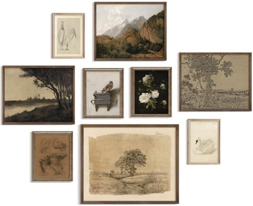 9Pcs Vintage Gallery Wall Art Decor Prints Neutral Farmhouse Wall Decor Nature Landscape Botanical Painting Moody Poster Retro French Country Moody Paintings Rustic Cottagecore Brown Tones Decor - Unframed by VodefoadVintageWallArt