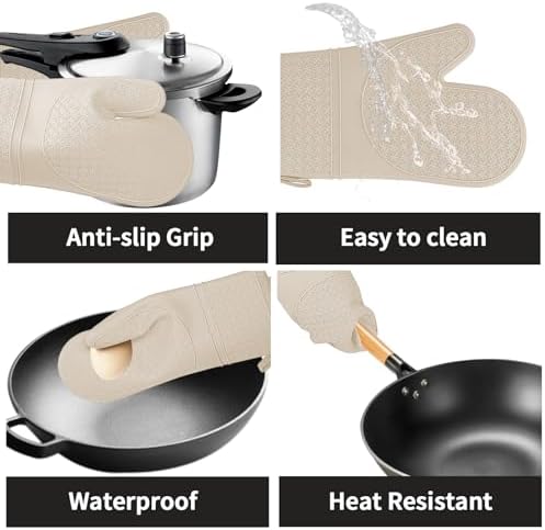 Hovico Silicone Oven Mitts, Heat Resistant 500F Kitchen Mitts 2PCS, 11.6" BPA-Free Soft Baking Gloves, Non-Slip Grip Oven Gloves with Soft Cotton Lining for Kitchen Cooking Baking BBQ - Apricot - Image 4