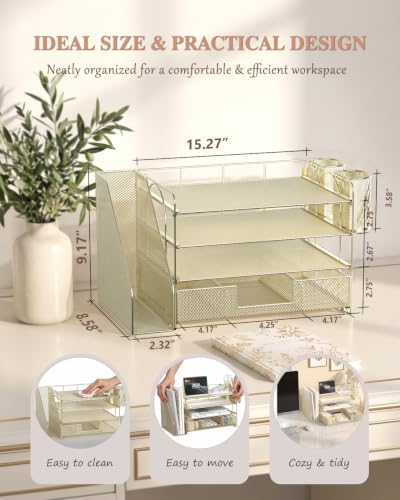 WALI Desk File Organizer, 4 Tier Desktop Paper Letter Tray Organizer with Drawer and 2 Pen Holders, Office Desk Accessories & Workspace Organizers for Office, Home, School Supplies, 1 Pack, Gold - Image 7