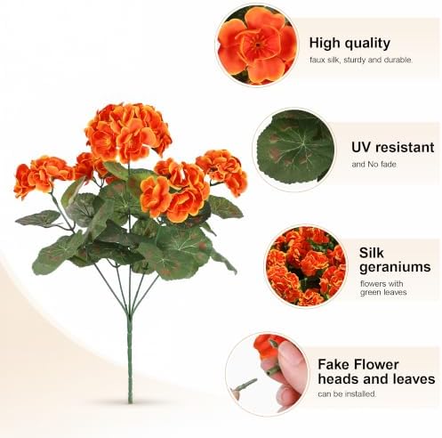 Fake Geraniums Artificial Flowers for Outdoors, 6 Bundles Silk Geraniums Flowers Realistic UV Resistant Fake Plants Faux Flower for Outside Planters Front Door Garden Balcony Yard Porch Indoor, Orange - Image 7