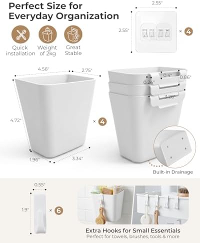 6 Pack Rolling Cart Accessories, White Craft Cart Cup Holder and 8 Hooks for Utility Carts Accessories, Adhesive Kitchen Cabinet Door Storage, Space-Saving Wall Mount Organizer for Bathroom, Office - Image 2