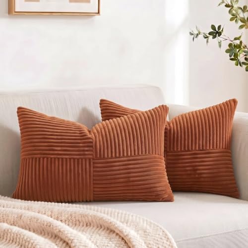 Fancy Homi 2 Packs Rust Long Lumbar Decorative Throw Pillow Covers 12x24 Inch for Couch Bed Sofa, Farmhouse Boho Home Decor, Soft Corduroy Patchwork Rectangle Terracotta Cushion Case 30x60 cm by Fancy+Homi