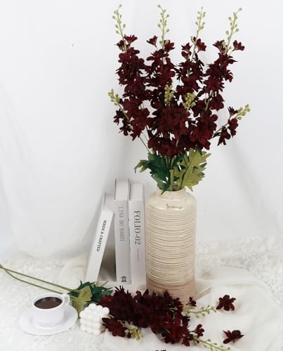 6PCS Burgundy Delphinium Artificial Flowers, 34.25" Long Stems Burgundy Flowers Artificial Larkspur for Tall Vase Faux Delphinium Flower Centerpieces for Tables Wedding Home Decor - Image 2