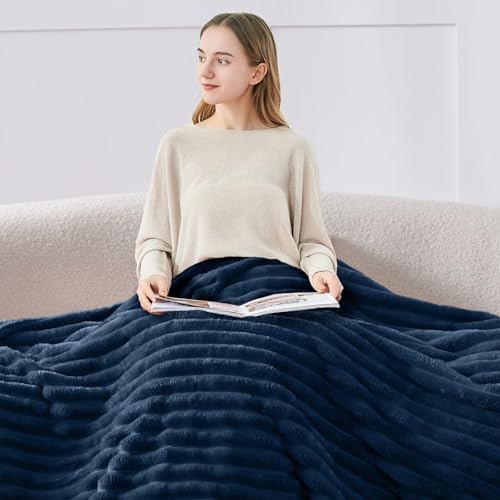 BEDELITE Ribbed King Size Blanket for Bed, Navy, 108"x90" - Image 3