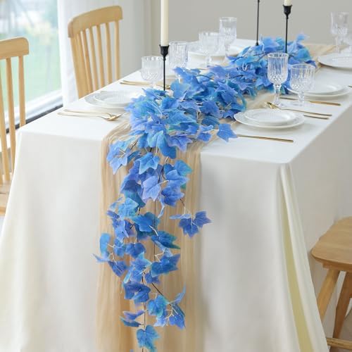 Mizii 2 Strands Artificial Vines Blue Ivy Garland 74" Fake Vine with Silk Leaves Faux Hanging Plants Greenery Decoration for Outdoors Wedding Party Indoor Bedroom Home Wall Room Decor (Blue) - Image 3