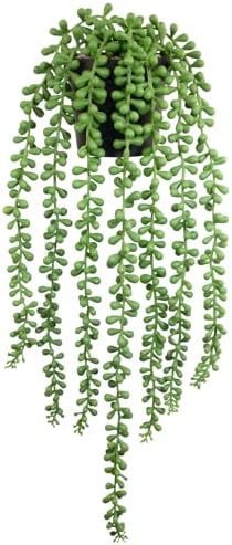Realistic Artificial String of Pearls Plant - Faux Hanging Succulent Trailing Plant with Black Pot, Natural-Looking Small Potted Faux Plant Indoor Outdoor for Home Office Shelf Decor by LUZOGA