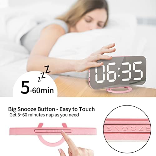 Lamisola Pink Digital Alarm Clock for Girls, Large LED Mirror Desk Clock, 2 USB Charging Ports, Nightstand Table Aesthetic Sleek Clocks Decor for Bedroom Office, Pink - Image 3