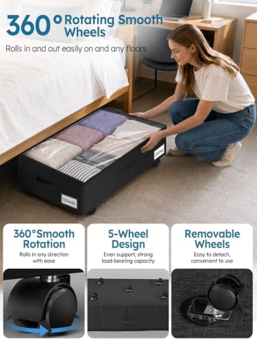 10-in 75L Low Profile Under Bed Storage with Wheels, 2 Pack,Black - Image 3