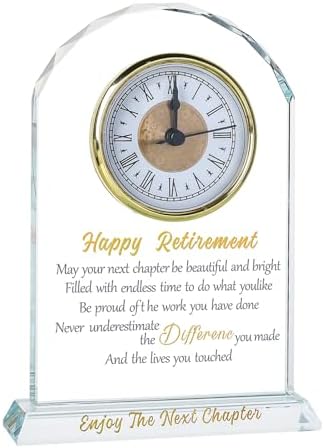 Happy Retirement Gift for Women & Men, Glass Desk Clock Keepsake Funny Retired Plaque Gifts for Friends Boss Teacher Coworker Nurse by CrystalTrophyAwards