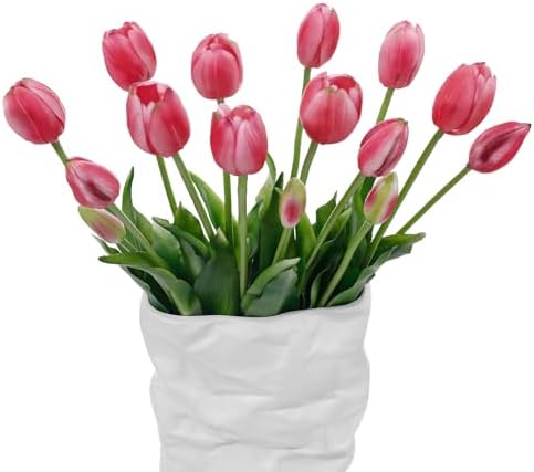 15 Pcs Deep Pink Artificial Tulips Fake Flowers, Premium Latex Lifelike Texture, UV Resistant Waterproof Faux Tulip Bouquets with Snap-on Petals for Outdoor, Home, Wedding Decor by LINSIEARTIFICIALFLOWERS