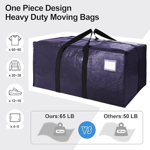 VELVETSURE 6 Pack Heavy Duty Large Moving Bags W/Backpack Straps - Strong Handles & Zippers, Storage Totes, Fold Flat, Alternative to Moving Box and Storage Bin, Semi-Transparent+Blue+Black - Image 5