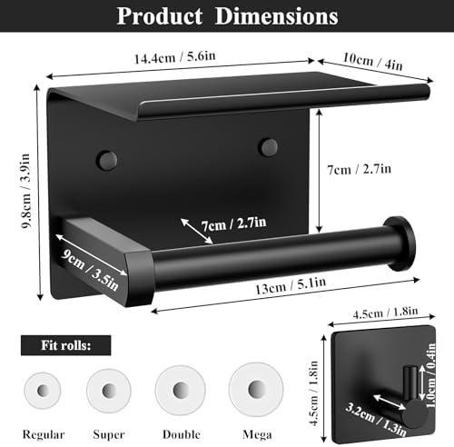 Tindbea Toilet Paper Holder Wall Mount + Towel Robe Hooks, Adhesive or Screw Wall Mounted Toilet Paper Roll Holder with Shelf, Stainless Steel Bathroom Organizers and Storage Kit (Matte Black) - Image 3