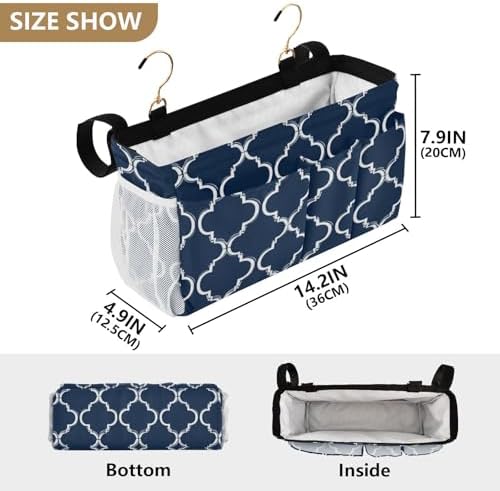 Bedside Caddy Hanging Bunk Bed Caddy Bed Organizer Hanging Pocket with 2 Hooks Bedside Storage Organizer Pocket Bag Holder Navy Blue Geometric Quatrefoil - Image 4