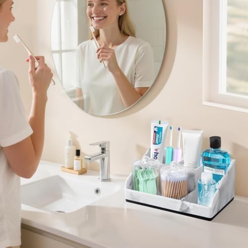 TuCao Marble Bathroom Countertop Organizer, Toothbrush Holders for Bathroom with 2PCS Qtip Holder Dispenser and Toothpaste Holder Drainage for Bathroom Accessories Organization Counter Vanity Storage - Image 2