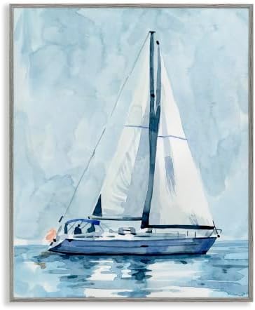 'Nautical Blue Sailboat Tranquil Coastal Water'| Framed Giclee Art by StupellIndustries