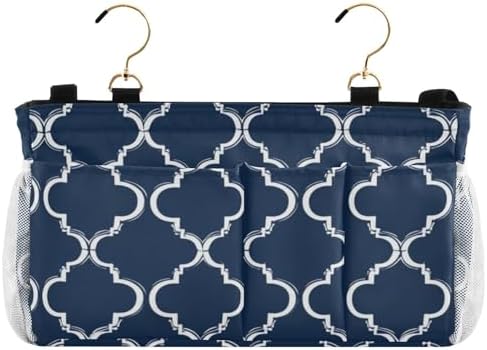Bedside Caddy Hanging Bunk Bed Caddy Bed Organizer Hanging Pocket with 2 Hooks Bedside Storage Organizer Pocket Bag Holder Navy Blue Geometric Quatrefoil by Unknown
