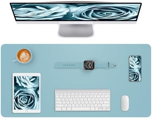 AFIING Leather Desk Pad Protector,Mouse Pad,Office Desk Mat, Non-Slip PU Leather Desk Blotter,Large Desk mat,Waterproof Keyboard mat for Office/Home/Decor (Light Blue,35"" x 17"") by AFIING