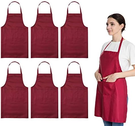 Total 6PCS Deep Red Bib Apron for Women Adult Unisex Durable Comfortable with 2 Front Pockets Washable Chef Aprons for Cooking Baking Kitchen Restaurant Crafting Painting. by LOYHUANG
