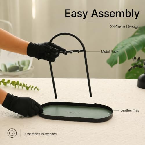 Shinpuru Key Holder Tray, Metal Stand with Leather Tray, 5 Hooks (Green) - Image 4