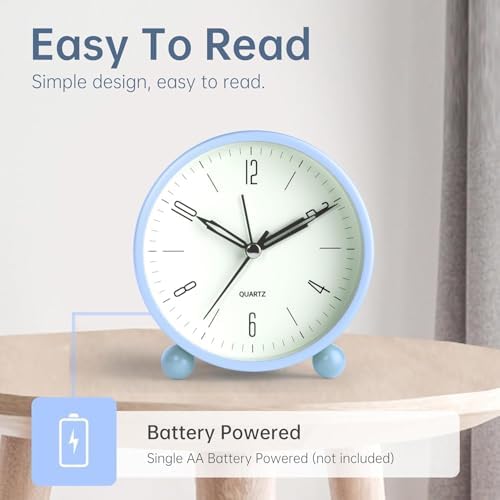 Analog Alarm Clock, 4 inch Super Silent Non Ticking Small Clock with Night Light, Battery Operated, Simple Design, Old fashioned Style SkyBlue decor, for Bedroom, Bedside, Desk, Adult, Gift, Blue - Image 3