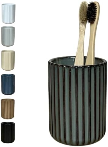 Stoneware Toothbrush Holder for Bathroom Tooth Brush Holder for Bathroom Toothbrush Cup Toothbrush Holders Cute Fluted Vertical Ribbed Stripe (Concrete Grey) by Rhobtyne