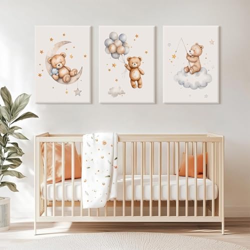 Teddy Bear Nursery Wall Art Decor Baby Boy Girl Room Poster Vintage Nursery Canvas Wall Decor Toddler Kids Room Pictures Cute Bear Neutral Artwork for Bedroom Playroom 12x16x3 Inch Wrapped Canvas - Image 3