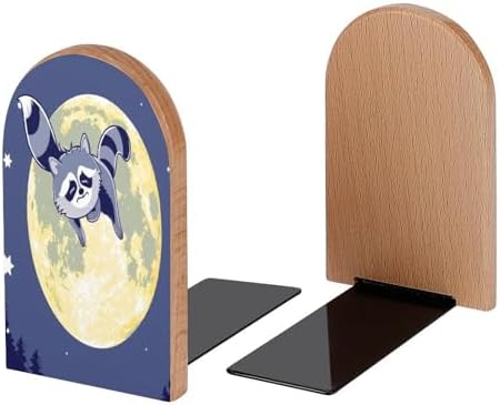 Book Ends Raccoon Moon Wood Bookends for Shelves to Hold Books Heavy Duty Non-Skid Book Stoppers Wood Decorative Home Office School - Image 2