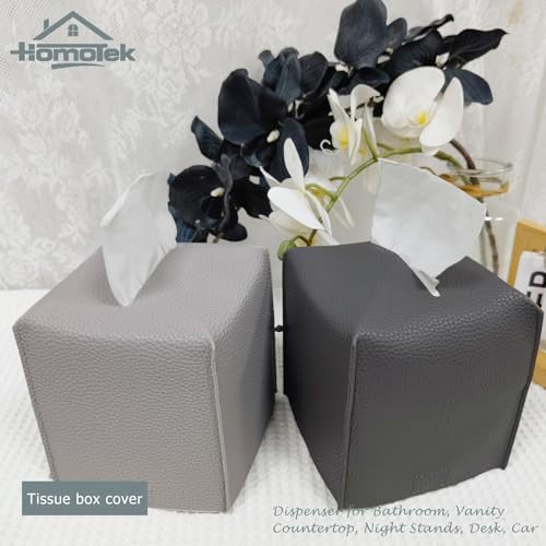 HOMOTEK 2 Pack Tissue Box Cover, Square PU Leather Tissue Holder, Decorative Facial Tissue Cube Paper Organizer Dispenser for Bathroom, Night Stands, Desk, Car 5X5X5'' - Beige, Pebble Grain - Image 5
