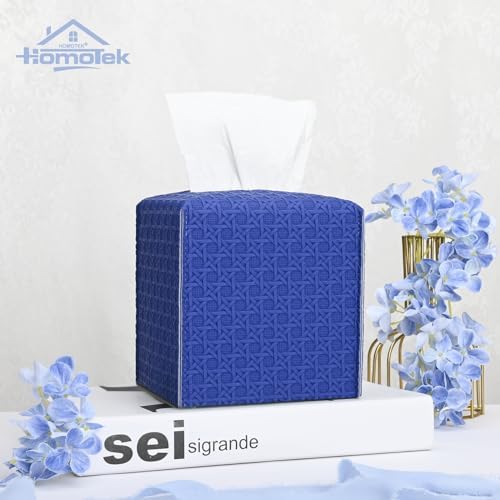 HOMOTEK 2 Pack Tissue Box Cover, Square PU Leather Tissue Holder, Decorative Facial Tissue Cube Paper Organizer Dispenser for Bathroom, Night Stands, Desk, Car 5X5X5'' - Rattan Weave,Blue - Image 3
