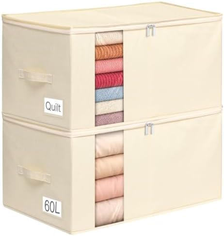 60L Rigid-Sided Blanket Storage Bags, 2 Pack, Beige by Boailydi