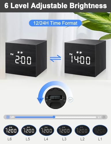 JALL Digital Alarm Clock, with Wooden Electronic LED Time Display, 3 Alarm, 2.5-inch Cubic Small Mini Wood Made Electric Clocks for Bedroom, Bedside, Desk, Black - Image 5