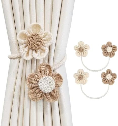 SRG Curtain Tiebacks for Curtains 2 Pack, Decorative Curtain Holdbacks for Drapes, Handmade Tie Backs No Drilling for Home Bedroom Window Decor – Sunflower Cream Khaki by SRG