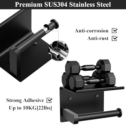 Tindbea Toilet Paper Holder Wall Mount + Towel Robe Hooks, Adhesive or Screw Wall Mounted Toilet Paper Roll Holder with Shelf, Stainless Steel Bathroom Organizers and Storage Kit (Matte Black) - Image 4