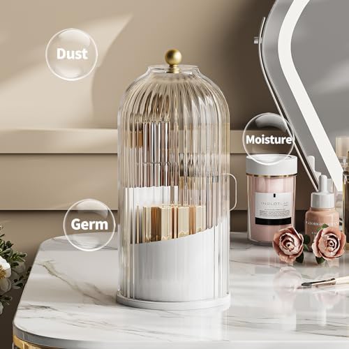 Dustproof Toothbrush Holder with Lid, 360 Rotating Countertop Electric Toothbrush Toothpaste Holders with Cover for Bathroom, 3 Slots Makeup Brush Holder with Lid for Vanity, Clear Grey - Image 7