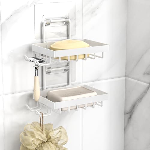 Moforoco White Double Soap Bar Holder for Shower, No Drilling, 304 Rustproof Stainless Steel, Wall Mounted Soap Holder with 4 Hooks and Razor Holder, Shower Rack Soap Tray Bar Soap for Bathroom by MOFOROCO