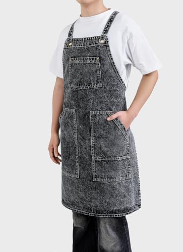 Cotton Denim Apron Soft - Unisex Adjustable Bib Apron with 5-Pockets Perfect for Kitchens - Image 4