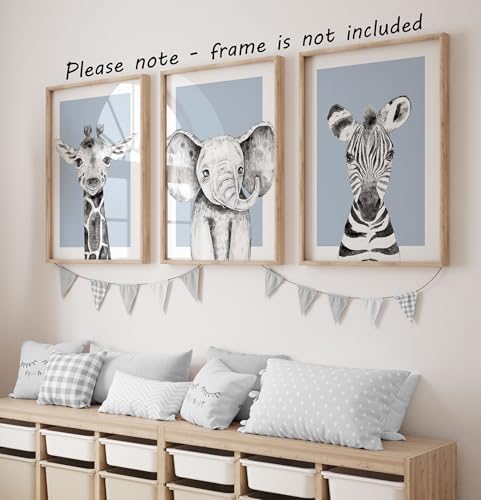 Safari Animals Baby Girl Boy Set of 3 Nursery Unframed Prints, Bedroom Decor Wall Art Posters, Black and White Elephant Giraffe Zebra, Blue Background (11x14) - Image 5