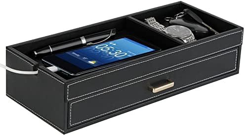 HofferRuffer Valet Jewelry Tray Organizer with Drawer, Faux Leather Storage Catchall Box Phone Charging Station Tray with Dresser Nightstand Desktop Drawer Organizer (Black) - Image 2