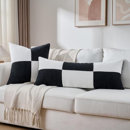 Fancy Homi Set of 2 Black White Decorative Throw Pillow Covers 22x22 Inch for Living Room Couch Bed Sofa, Farmhouse Boho Home Decor, Soft Cross Corduroy Patchwork Accent Square Cushion Case 55x55 cm - Image 6
