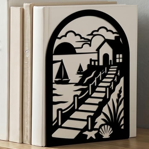 2 Pairs Seaside Landscape Black Metal Bookends for Shelves - Image 3