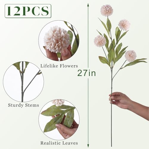 VIERENA 12 Pcs 27" Artificial Pompon Mum Silk Flower Stems for Vase (Beige) - Image 5
