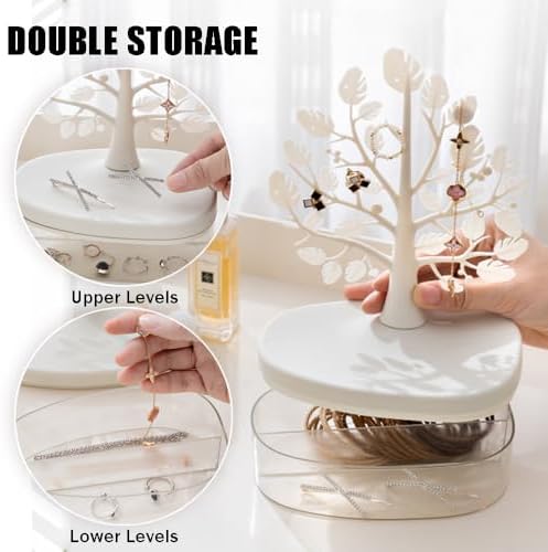 OULIGET Tree Tower Rack with Storage Box Drawer,Jewelry Display Tree Necklace Earring Organizer Holder,Double Shelf Hanging Organizer for Ring Earrings Necklace Bracelet Key - Image 3